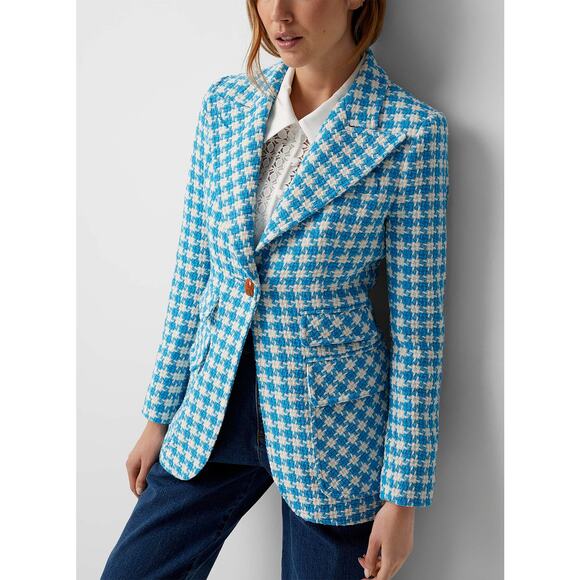 Smythe Birkin Blazer Topaz Blue Houndstooth Tweed Jacket Made in Canada Size 8 - Picture 2 of 10